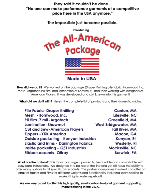 All American package Flyer. For more information on the All American Package, please email kdraper@draperknitting.com.